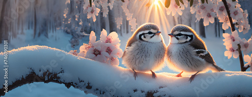 Two birds perch on a snow-dusted branch at sunrise. Blossoms frame the feathered duo basking in the dawn's golden glow, signifying renewal. photo