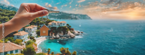 Hand holding house keys against a coastal village backdrop. New home ownership is highlighted with a stunning seaside view. Panorama with copy space. photo