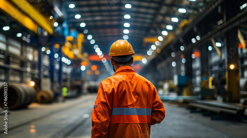 Professional Heavy Industry Engineer or Worker Wearing Safety Uniform and Hard Hat at a Manufacturing Warehouse