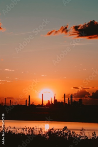 Industrial silhouette against a vibrant sunset sky