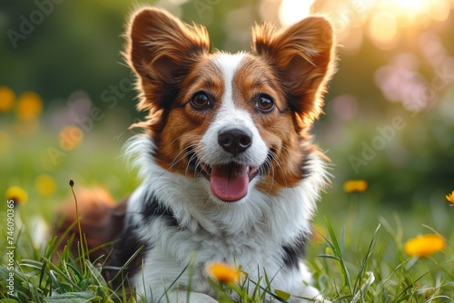 A cheerful dog with a huge smile, enjoying the warm golden hour in a blooming field