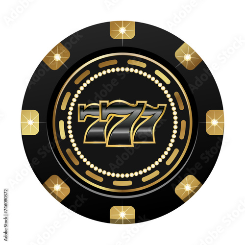Round vector winning black and gold casino chip with glitter, expensively decorated with diamonds. Flat vector illustration.