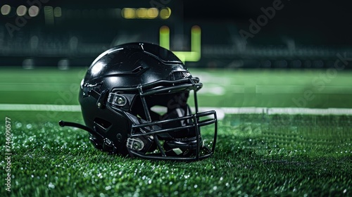black american football helmet Close-up photo Placed on the American football field in the night Cinematic light and shadows With space for entering text © nakarin