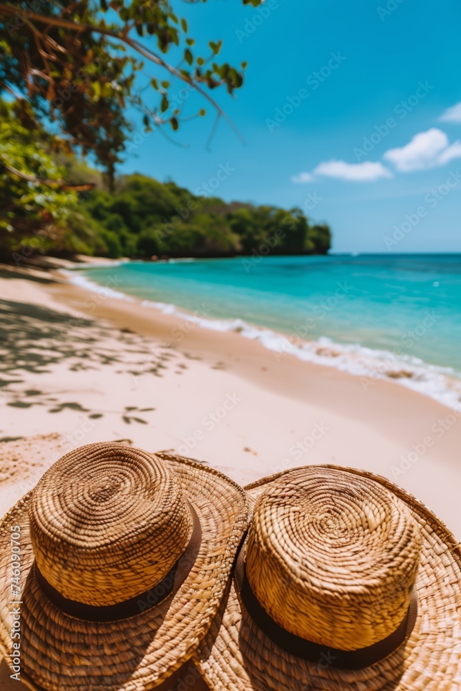 Straw hats resting on a sunny tropical beach Straw hats resting on a sunny tropical beach