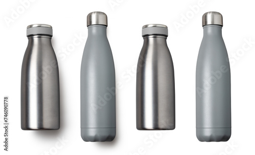 two blank metal thermos flask bottles, with and without shadows, isolated over a transparent background, cut-out sports, drink, lifestyle branding or environmental preservation design elements, PNG photo