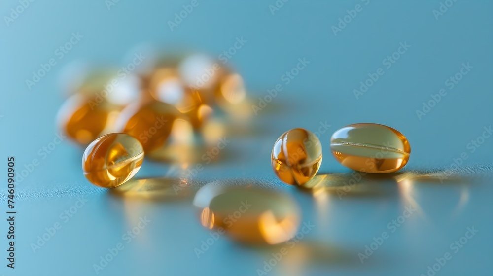Omega-3 capsules on blue background. Fish oil in pills Omega-3 capsules on blue background. Fish oil in pills