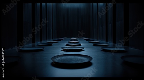 a row of black plates sitting on top of a floor in front of a dark room with a light at the end of the room.