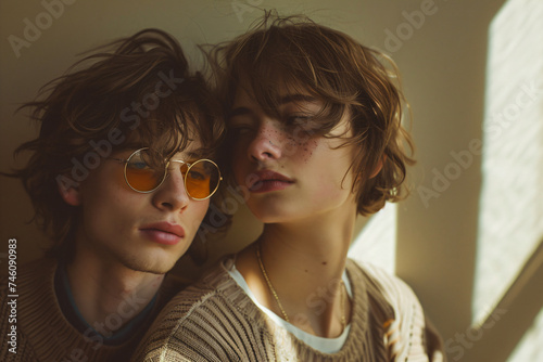 Young couple with stylish hair and sunglasses in a sunlit room. Fashion and youth culture concept for design and print
