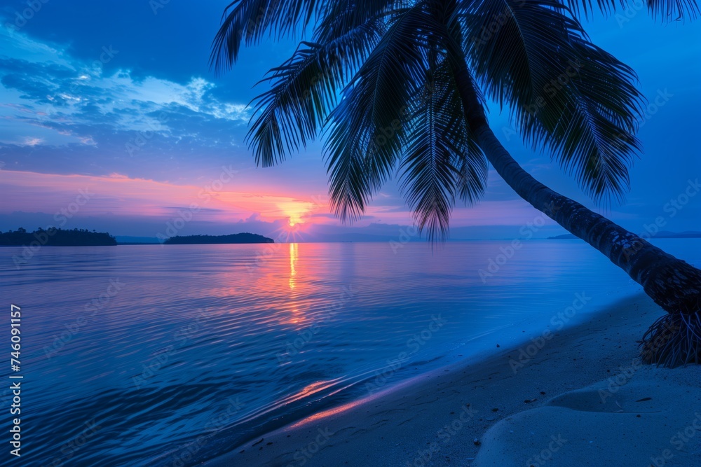 Tranquil tropical beach sunset with palm silhouette