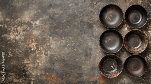 a set of four black plates sitting on top of a table next to each other on top of a dirty surface.