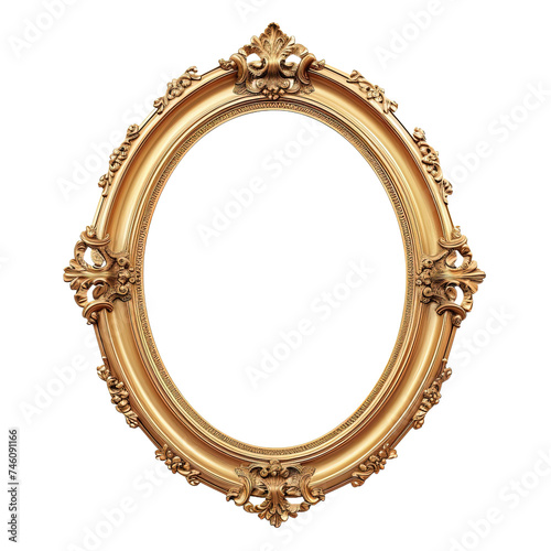 Antique round oval gold picture or mirror frame on white or transparent background
