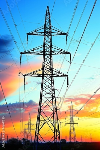 Electric Power Lines Against Sunset Sky Landscape