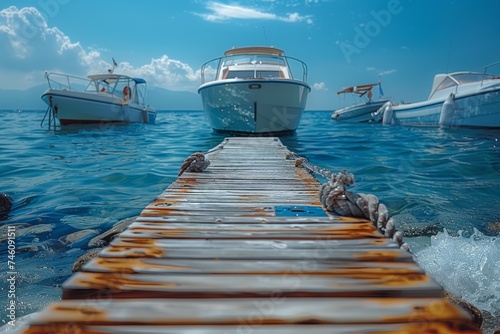 A clear view from a wooden jetty with ropes leading to various boats moored on calm blue waters
