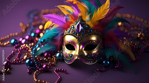 Top view of carnival mask decorated with feathers and beads