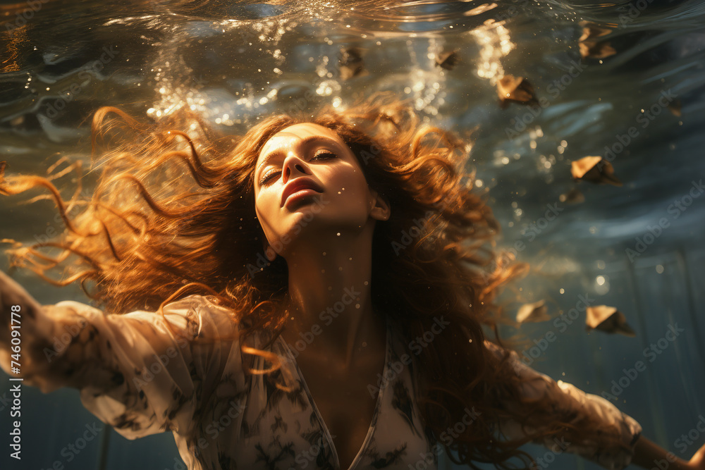 Beautiful woman underwater in a dress. Woman underwater. Woman near the surface of the water. Woman in a dress swims out of the depths of the sea.
