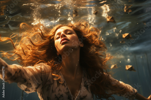 Obraz na płótnie Beautiful woman underwater in a dress. Woman underwater. Woman near the surface of the water. Woman in a dress swims out of the depths of the sea. w salonie