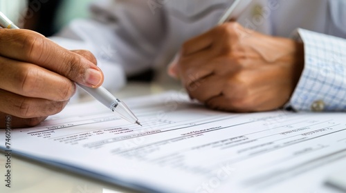 A senior man visits a doctor about his health complaint, a female doctor or nurse writes down the patient's personal information, fills out the form, and listens to the patient's complaints. photo