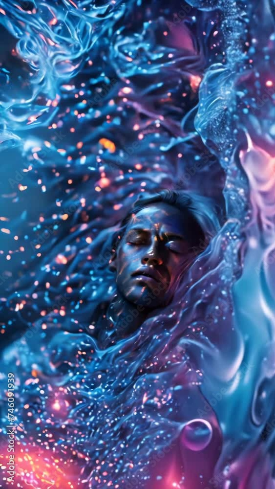 a woman submerged in streams of radiant blue energy amidst the darkness, resembling cosmic dust, illuminated by ultraviolet light, surrounded by floating particles a woman submerged in streams of radiant blue energy amidst the darkness, resembling cosmic dust, illuminated by ultraviolet light, surrounded by floating particles