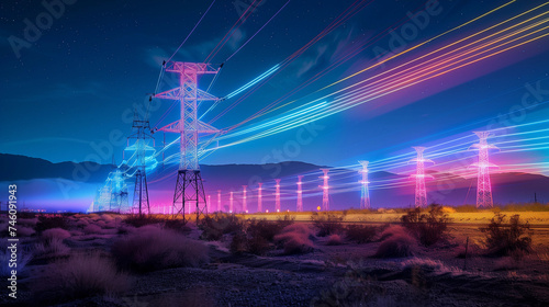 Image features a row of electricity pylons in a desert setting, illuminated by vibrant neon light trails against a night sky sprinkled with stars, creating a scene that blends technology with fantasy