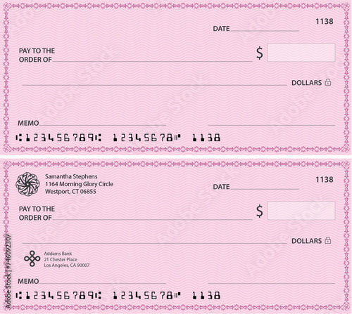 Blank template of the bank check. Checkbook cheque page with empty fields to fill
