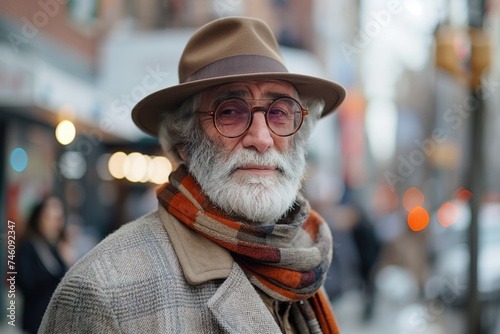 Stylish elderly man with a grey beard, wearing a coat, hat and round glasses, poses on a bustling city street
