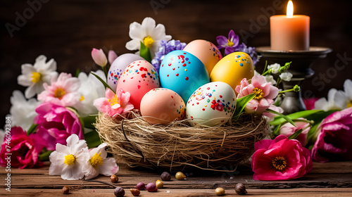 Colorful easter eggs in nest with spring flowers on wooden background. Greeting card on an Easter theme. Happy Easter concept.