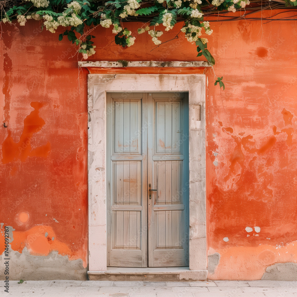 Vintage Wooden Door on a Weathered Orange Wall with Flowering Vines