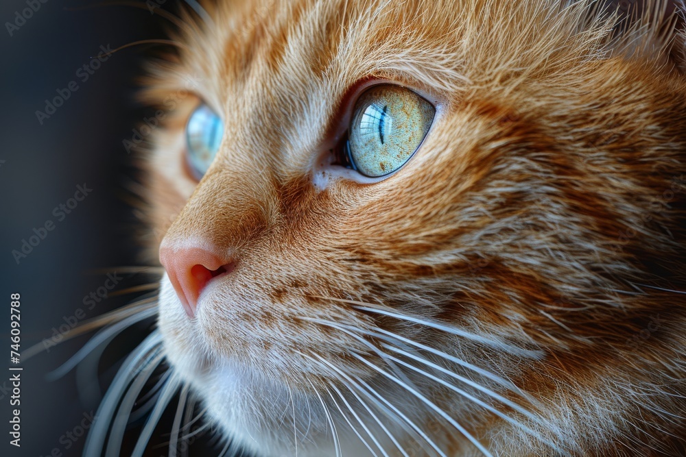 An intense close-up of a ginger cat's blue eyes, reflecting alertness and sharp feline instincts