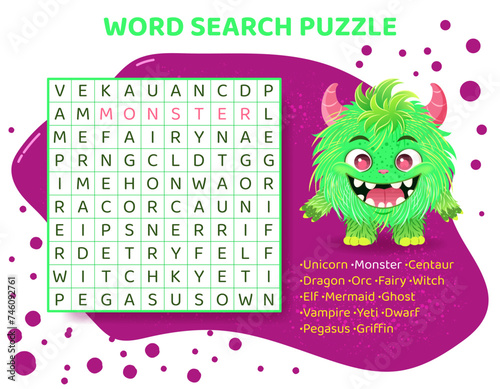 Word search puzzle with mythical animals. Magical creatures. Education game for children. Learning English language. Cartoon spelling puzzle. Test for kids. Crossword page. Vector illustration.