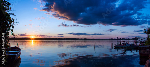 Dramatical sunset at Volga river. photo