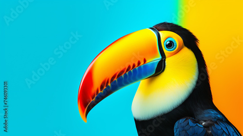 Toucan bird sitting on a tree branch on bright duotone blue yellow background with multicolored splashes. Tropical nature summer vacation concept