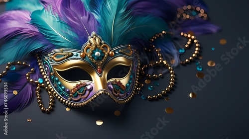 Top view of carnival mask decorated with feathers and beads © ma