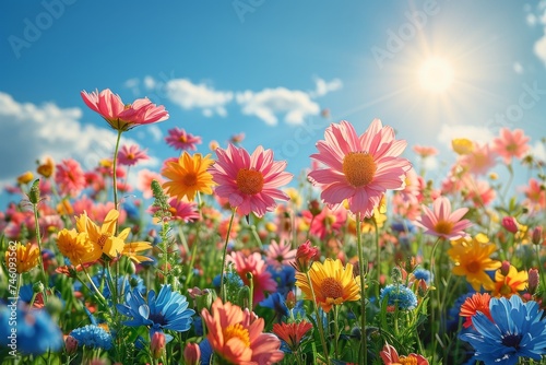 A vibrant and sunny image with a field of colorful flowers reaching towards a bright blue sky on a perfect day