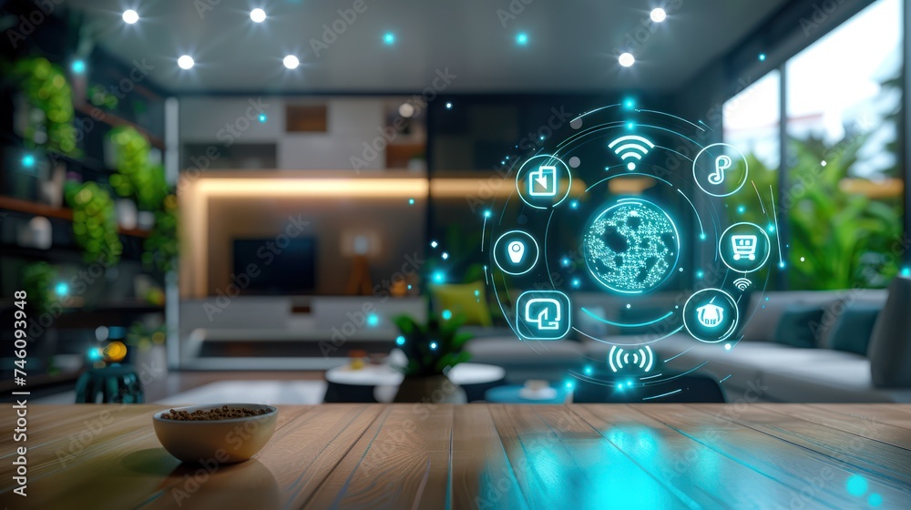 Modern smart home interior with digital interface icons overlay, concept of home automation system. Modern smart home interior with digital interface icons overlay, concept of home automation system.