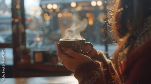 Mulher desfrutando de um café quente em ambiente acolhedor com vista desfocada do interior do café photo