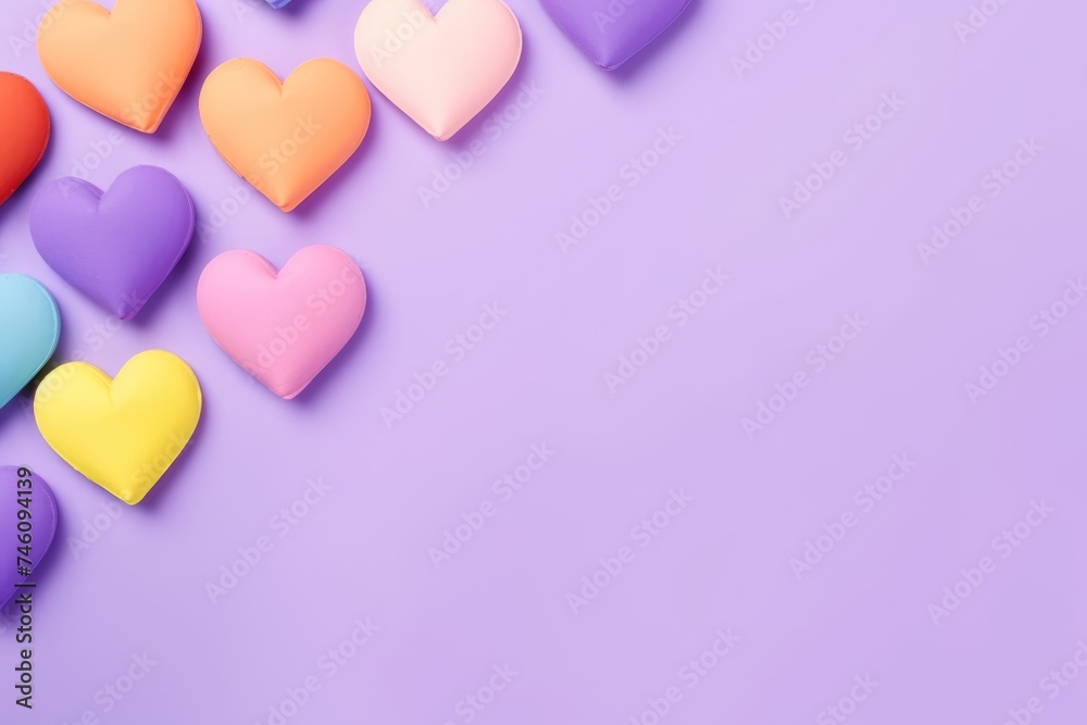 Multicolored heart shapes arranged on a pastel purple background. Rainbow Hearts on Lavender