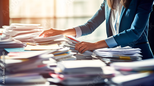 Woman working with documents files. Stack of paper sheets on a work desk. Business law taxes photo