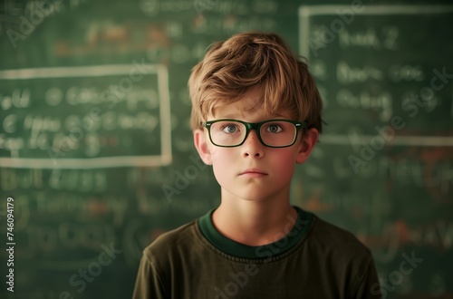 The boy in glasses in front of a blackboard. Created by artificial intelligence. 