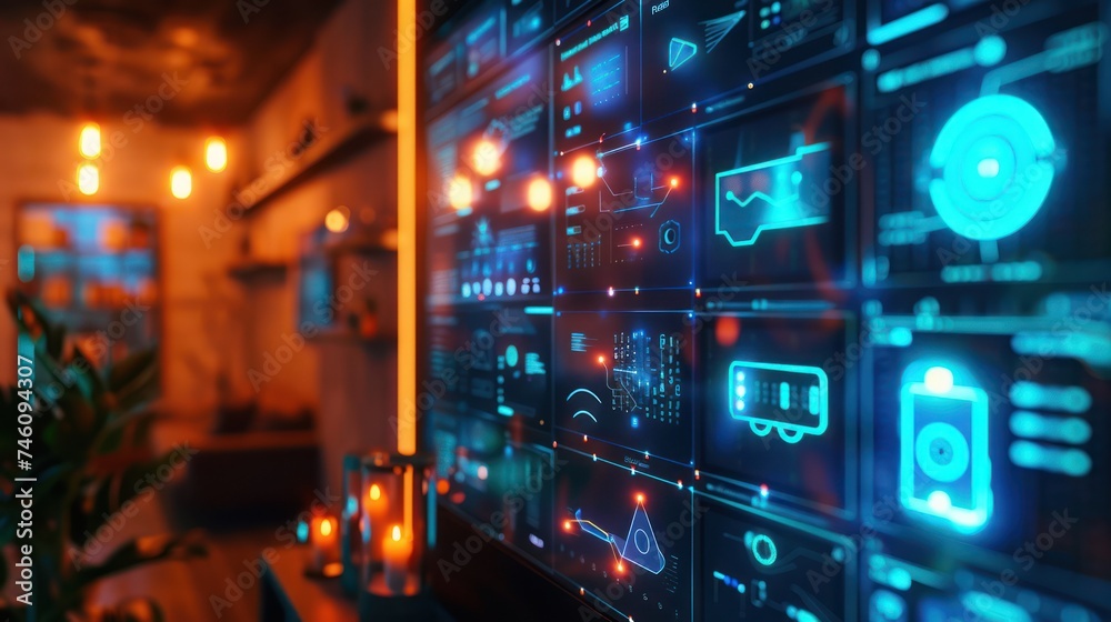 Futuristic control panel with glowing blue holographic screens and interface elements in a dark room with ambient lighting. Futuristic control panel with glowing blue holographic screens and interface elements in a dark room with ambient lighting.
