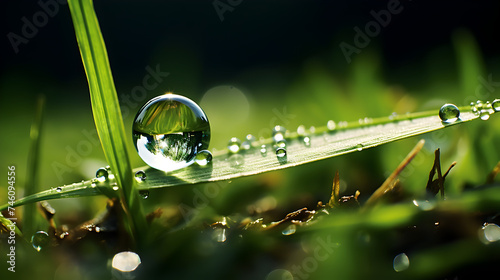 Drops of dew on the grass, macro shot of green grass with water droplets 