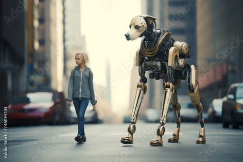 big cyber dog and a woman in the city street photo