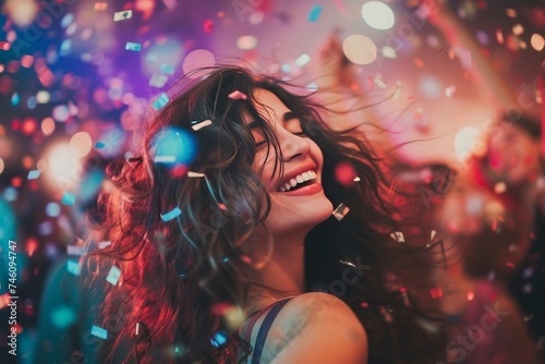 Happy smiling woman dancing and having fun in nightclub with friends at party