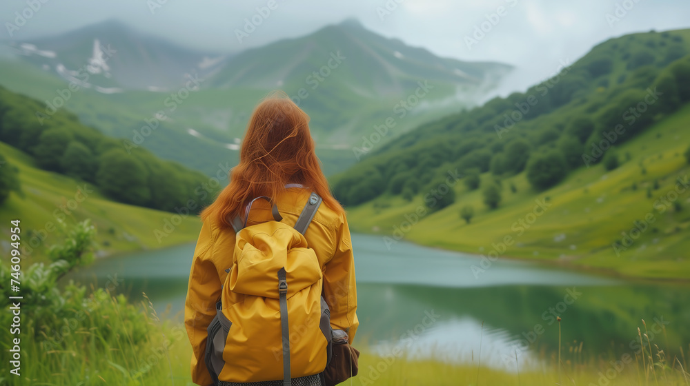 female traveler looking at green mountain landscape with lake, view from the back 