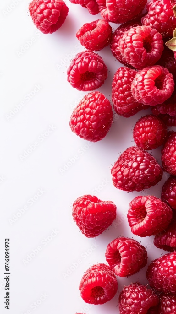 raspberries on a white background with space for text.