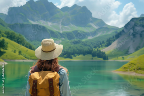 female traveler looking at green mountain landscape with lake, view from the back 