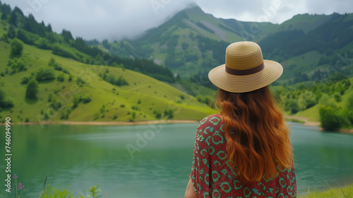 female traveler looking at green mountain landscape with lake, view from the back  © vvalentine