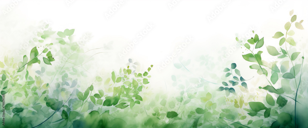 Green foliage, grasses, leaves in artistic, watercolor-style. Spring background branches and texture., muted green colored banner, card, banner. Green foliage, grasses, leaves in artistic, watercolor-style. Spring background branches and texture., muted green colored banner, card, banner.