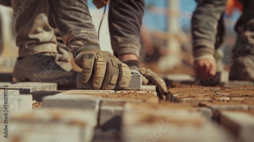 Close Up of Construction Workers Laying Brickwork