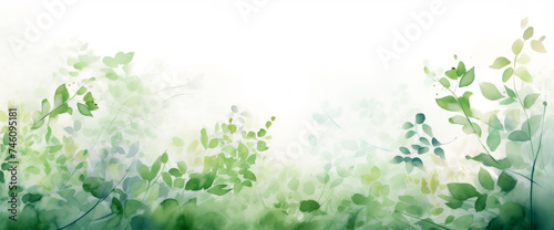 Green foliage, grasses, leaves in artistic, watercolor-style. Spring background branches and texture., muted green colored banner, card, banner.