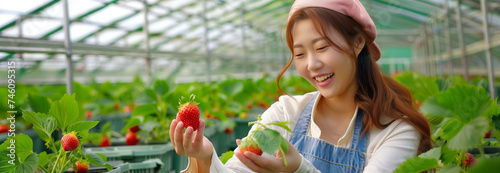 Asian woman picking strawberries in a greenhouse.